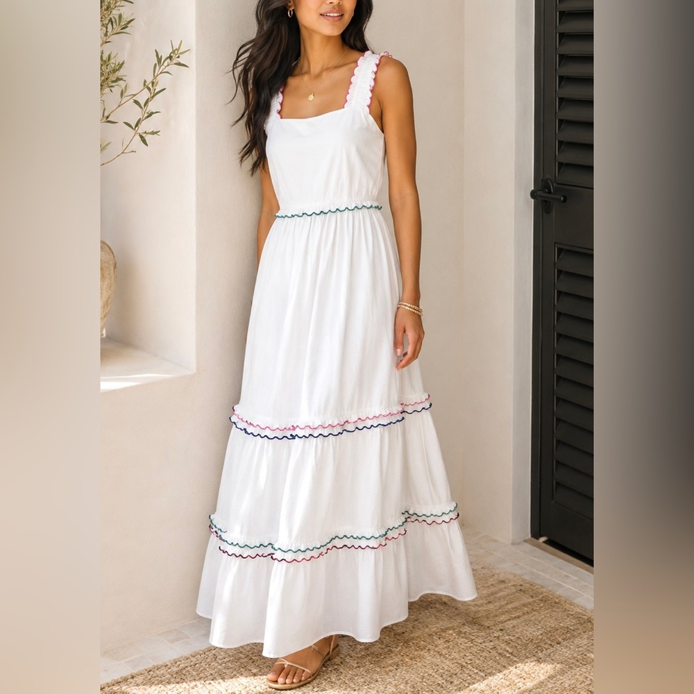 NWOT LOFT Rainbow Ruffle Ric-Rac Strappy Tiered Maxi Dress White/Multicolor S